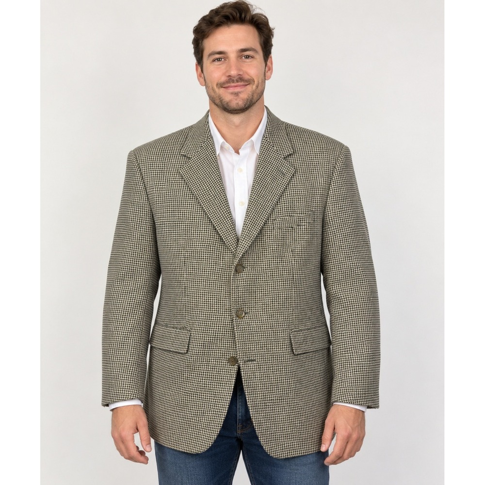 Chaps Ralph Lauren Mens 44R Tan Black Houndstooth Wool Blazer Sport Coat